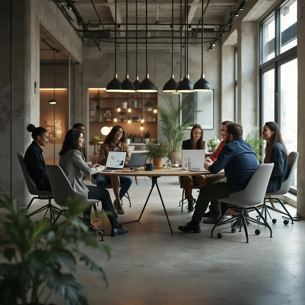 Equipo de profesionales de ConsultaPro reunidos en oficina moderna